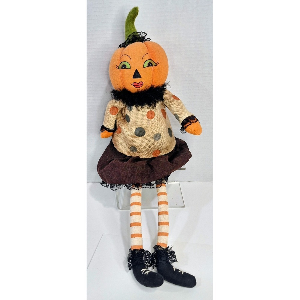 Primitive Pumpkin Head Doll Woman 20 Inches Fur Collar Polka Dot Dress